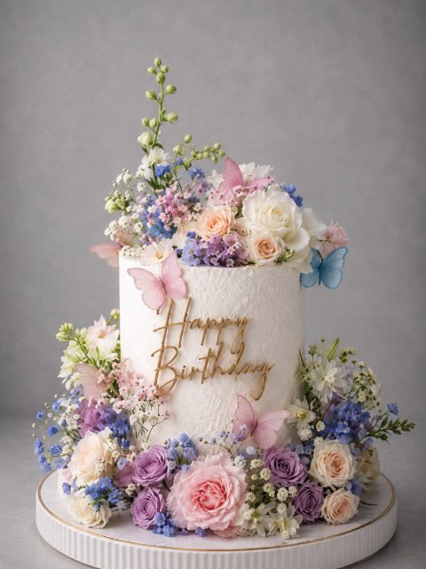 Luxe Bloemen en Vlinders Verjaardagstaart